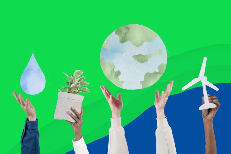 Imagem de sustentabilidade, com pessoas ajudando a preservar o planeta terra